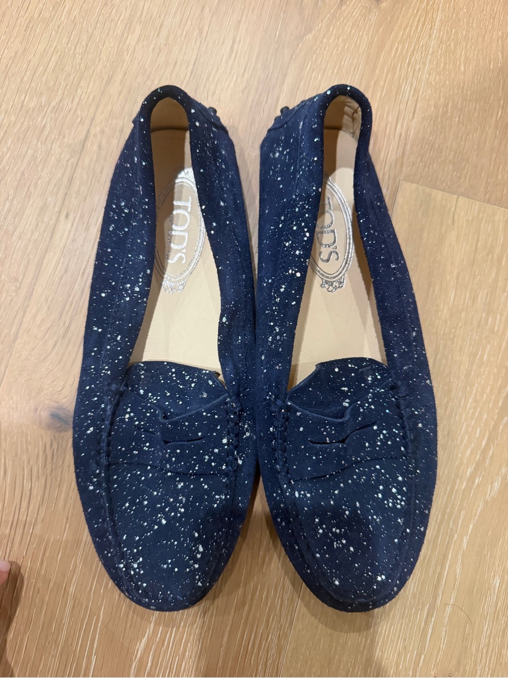 Tod's Navy Speckled Penny Loafers